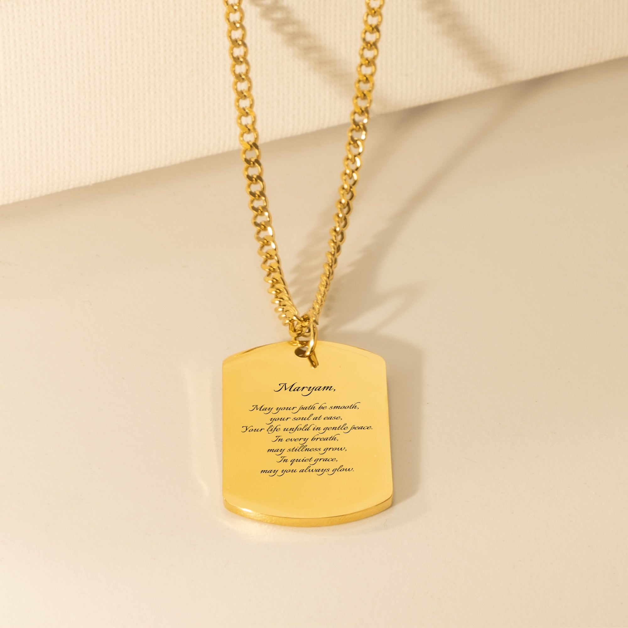 "May you always glow" - Name & Prayer Fine Chain Tag Necklace